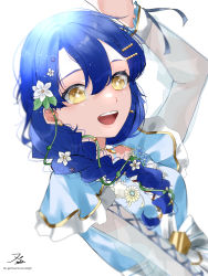Rule 34 | 1girl, a maiden innocence (love live!), alternate hairstyle, aqua bow, aqua dress, artist name, artist request, blue flower, blue hair, blush, bow, braid, breasts, brown bow, closed eyes, collarbone, criss-cross halter, dress, dress bow, feathers, female focus, flower, flower print, frilled sleeves, frills, hair between eyes, hair flower, hair ornament, hair over shoulder, hair tie, hairclip, halterneck, highres, jewelry, lace-trimmed sleeves, lace trim, leaf hair ornament, long dress, long hair, long sleeves, looking at viewer, love live!, love live! school idol festival, love live! school idol festival all stars, love live! school idol project, necklace, parted lips, pearl hair ornament, pearl necklace, pink lips, plaid, plaid dress, pleated, pleated dress, puffy long sleeves, puffy sleeves, see-through, see-through sleeves, small breasts, smile, solo, sonoda umi, striped, striped bow, twin braids, upper body, white background, white bow, white flower, yellow eyes