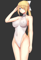 Rule 34 | 1girl, bare arms, bare legs, bare shoulders, black background, blonde hair, blue eyes, bow, breasts, covered erect nipples, covered navel, cowboy shot, daiaru, female focus, groin, hair bow, hair over one eye, hand up, highres, large breasts, legs, leotard, long hair, looking at viewer, original, ponytail, salute, senhime bad ending ii, simple background, sleeveless, solo, thighs, white leotard