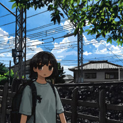 Rule 34 | 1girl, absurdres, backlighting, backpack, bag, black bag, blue shirt, blue sky, blush stickers, brown eyes, brown hair, cloud, commentary, day, dot nose, fence, gravel, highres, house, jitome, looking at viewer, open mouth, original, outdoors, power lines, railroad tracks, scenery, shade, shirt, short hair, short sleeves, shoulder strap, sideways glance, sky, solo, sunlight, t-shirt, tree, truss, uniunimikan, upper body, wooden fence