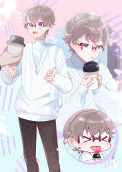 &gt;_&lt; 1boy 1other black_pants blush brown_hair closed_eyes coffee cup dated enishidayuu glasses holding holding_cup long_sleeves open_mouth pants precure purple_eyes red-framed_eyewear semi-rimless_eyewear shirt short_hair signature sweater toyama_satoru white_shirt white_sweater wonderful_precure!