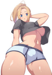 Rule 34 | 1futa, arm behind head, black shirt, blonde hair, blue eyes, blush, brand name imitation, breasts, briefs, bulge, classic fly briefs, covered erect nipples, cowboy shot, english text, eyes visible through hair, flaccid, from below, futanari, high ponytail, large breasts, long hair, looking at viewer, looking down, male underwear, midriff, navel, nipples, no bra, no pants, open mouth, original, shirt, short sleeves, simple background, solo, stomach, thighs, underboob, underwear, upshirt, white background, yana (nekoarashi)