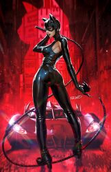 Rule 34 | 1girl, armpit cutout, batman (series), black bodysuit, black eyes, bodysuit, car, catwoman, city, claws, clothing cutout, dc comics, dcwj, highres, holding, holding whip, motor vehicle, outdoors, signature, solo, standing