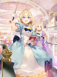 Rule 34 | :d, blonde hair, blue eyes, book, bow, dress, eyebrows, flower, gilse, glasses, gloves, highres, holding, holding book, long hair, looking at viewer, open mouth, short hair, smile, teeth, wand