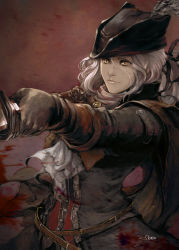 Rule 34 | 1girl, ascot, blood, bloodborne, david liu, gloves, hat, image sample, lady maria of the astral clocktower, ponytail, rakuyo (bloodborne), solo, sword, the old hunters, weapon, white hair, yellow eyes