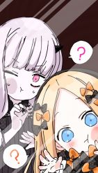 Rule 34 | 2girls, :t, ?, abigail williams (fate), against glass, black bow, black dress, black hat, blonde hair, blue eyes, blush, bow, cheek squash, closed mouth, commentary request, dress, fate/grand order, fate (series), forehead, hair bow, hat, highres, horns, lavinia whateley (fate), long sleeves, multiple girls, one eye closed, orange bow, parted bangs, pink eyes, polka dot, polka dot bow, silver hair, single horn, sofra, spoken question mark, sweat