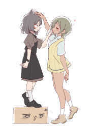 Rule 34 | 2girls, absurdres, animal ears, black dress, black footwear, blush, bracelet, brown footwear, cat ears, cat girl, closed eyes, closed mouth, dress, ebizuka tomo, full body, girls band cry, grey hair, headpat, heart, height difference, highres, jewelry, looking at viewer, multiple girls, pinafore dress, rupa (girls band cry), short hair, short sleeves, simple background, sleeveless, sleeveless dress, socks, white background, white socks, zhanzhangzlw