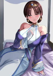 Rule 34 | 1girl, absurdres, bare shoulders, blush, breasts, brown eyes, brown hair, choker, commentary request, dunyarzad (genshin impact), earrings, genshin impact, highres, jewelry, large breasts, light smile, npc (genshin impact), on bed, short hair, sitting, solo, tian kazuki, tiara