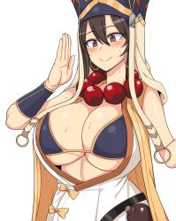 Rule 34 | 1girl, bead necklace, beads, black hair, breasts, brown eyes, commentary request, dress, earrings, embarrassed, eyelashes, fate/grand order, fate (series), hair between eyes, hand up, headwear request, highres, hoop earrings, huge breasts, jewelry, kook, korean commentary, necklace, open clothes, prayer beads, sidelocks, solo, sweat, sweatdrop, underboob, upper body, white dress, xuangzang sanzang (fate)