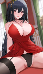 Rule 34 | 1girl, :d, absurdres, arms behind back, azur lane, black hair, black panties, black thighhighs, blurry, blurry background, blush, breasts, cameltoe, choker, clothes lift, crossed bangs, curtains, dress, dress lift, garter straps, hair between eyes, hair ornament, highres, indoors, large breasts, long hair, looking at viewer, motono (sakamotono), official alternate costume, open mouth, panties, red dress, red eyes, side ponytail, sitting, smile, solo, spaghetti strap, spread legs, strap gap, taihou (azur lane), taihou (forbidden feast) (azur lane), thighhighs, underwear, very long hair
