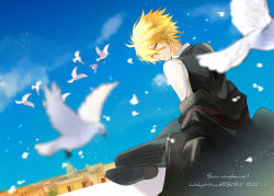 Rule 34 | 1boy, bird, black cape, black footwear, black pants, black vest, blonde hair, blurry, building, cape, city, copyright name, dated commentary, day, depth of field, dove, from behind, full body, giotto (reborn), hair between eyes, happy birthday, indian style, italian text, katekyo hitman reborn!, looking at viewer, looking back, maha, male focus, off shoulder, pants, pinstripe pants, pinstripe pattern, pinstripe vest, shirt, short hair, sitting, smile, striped, vest, white shirt, yellow eyes