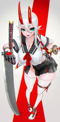 Rule 34 | 1girl, absurdres, black gloves, black sailor collar, black skirt, blue eyes, breasts, broken horn, cleavage, colored inner hair, crop top, fang, full body, gloves, hair between eyes, hand on own hip, highres, hiragana oufu, horns, katana, large breasts, leaning forward, looking at viewer, midriff, miniskirt, mole, mole under mouth, multicolored hair, neckerchief, no bra, no panties, oni, oni horns, open mouth, original, pleated skirt, pointy ears, raised eyebrow, red hair, red horns, red neckerchief, sailor collar, school uniform, see-through, serafuku, sheath, sheathed, shirt, shoes, side slit, skin fang, skindentation, skirt, smirk, sneakers, solo, standing, sword, thigh strap, thighhighs, thighs, weapon, white hair, white shirt, white thighhighs