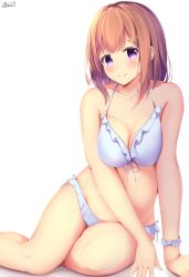 Rule 34 | 1girl, amane 1906, artist name, blush, breasts, brown hair, cleavage, frills, highres, looking at viewer, medium breasts, mole, mole on breast, original, purple eyes, school uniform, short hair, simple background, sitting, smile, solo, swimsuit, thighs, white background, white wristband