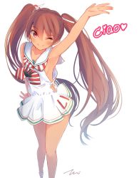 Rule 34 | 10s, 1girl, ;), arm up, armpits, bare arms, bare legs, bare shoulders, bow, brown eyes, brown hair, closed mouth, commentary request, dark-skinned female, dark skin, dress, eyebrows, hair ribbon, highres, kantai collection, libeccio (kancolle), light smile, looking at viewer, looking up, one eye closed, ribbon, sailor dress, simple background, sleeveless, smile, solo, striped, striped bow, tebi (tbd11), twintails, white background