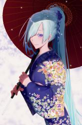 Rule 34 | 1girl, absurdly long hair, aqua hair, blue kimono, brynhildr (fate), closed mouth, commentary, fate/prototype, fate/prototype: fragments of blue and silver, fate (series), fingernails, holding, holding umbrella, japanese clothes, kimono, long hair, long sleeves, looking at viewer, oil-paper umbrella, patterned clothing, ponytail, purple eyes, smile, snow, snowflakes, snowing, solo, suguru (a129214673), symbol-only commentary, umbrella, very long hair