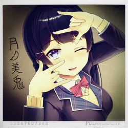 Rule 34 | 1girl, ;d, \\n/, arm up, bad id, bad pixiv id, black hair, black jacket, blazer, blush, bow, bowtie, braid, breasts, collared shirt, commentary request, dress shirt, fingernails, hair ornament, hairclip, hand up, highres, jacket, long hair, long sleeves, looking at viewer, m/, medium breasts, nijisanji, one eye closed, open mouth, pink bow, pink bowtie, purple eyes, shirt, smile, solo, sweater, translation request, tsukino mito, tsukino mito (1st costume), very long hair, virtual youtuber, white shirt, yoka1chi