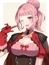 Rule 34 | 1girl, alternate hairstyle, blush, breasts, cleavage, earrings, female focus, fire emblem, fire emblem: three houses, fire emblem warriors, fire emblem warriors: three hopes, gloves, hair bun, highres, hilda valentine goneril, jewelry, large breasts, long hair, looking at viewer, matching hair/eyes, nintendo, official alternate costume, official alternate hairstyle, one eye closed, open mouth, pink eyes, pink hair, red gloves, shinae, single hair bun, smile, solo, twitter username, wink