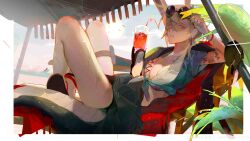 Rule 34 | 1girl, absurdres, adjusting eyewear, antlers, beach, beach chair, bird, blonde hair, breasts, chinese commentary, cleavage, commentary request, crossed legs, cup, dragon tail, drinking glass, drinking straw, earrings, green shirt, green skirt, hair between eyes, highres, holding, holding cup, horns, ice, ice cube, incredibly absurdres, jewelry, kicchou yachie, knees up, legs, looking at viewer, medium breasts, otter, otter spirit (touhou), parted lips, red eyes, regen (gp2yt17), sand, sandals, shirt, short hair, skirt, solo, sun, sunglasses, surfboard, surfing, tail, tassel, tattoo, touhou, water, wet