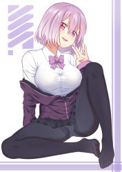 Rule 34 | 10s, 1girl, absurdres, black pantyhose, black skirt, bow, bowtie, breasts, caibao return, fang, feet, gridman universe, highres, large breasts, light purple hair, long sleeves, looking at viewer, no shoes, open mouth, panties, panties under pantyhose, pantyhose, pink eyes, purple bow, purple bowtie, shinjou akane, shirt, short hair, sitting, skirt, smile, solo, ssss.gridman, toes, underwear, white shirt