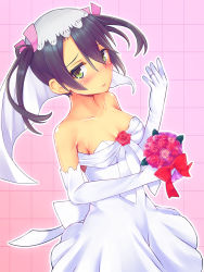 Rule 34 | 10s, 1girl, alternate costume, bad id, bad pixiv id, black hair, blush, bouquet, breasts, cleavage, dress, elbow gloves, flower, gloves, green eyes, hair ribbon, jewelry, kantai collection, looking at viewer, okuri banto, personification, ribbon, ring, solo, twintails, wedding band, wedding dress, wedding ring, zuikaku (kancolle)