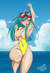 Rule 34 | 1girl, artist request, bare shoulders, beach, blue hair, blue sky, breasts, casual one-piece swimsuit, cleavage, closed eyes, curvy, dragon ball, dragonball z, happy, highleg, highleg swimsuit, highres, jumping, large breasts, long hair, looking at viewer, maron (dragon ball), medium breasts, ocean, one-piece swimsuit, shiny skin, sky, smile, solo, swimsuit, water, wet, wide hips, yellow one-piece swimsuit