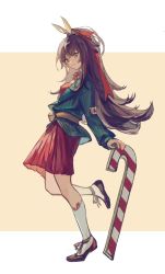 Rule 34 | 1girl, absurdres, arknights, black footwear, brown hair, chinese commentary, commentary request, dress, full body, green jacket, highres, jacket, kafka (arknights), kafka (cardboard fairy) (arknights), kneehighs, long hair, long sleeves, looking at viewer, ningjiu 9, red dress, shoes, short dress, socks, solo, very long hair, white socks, yellow eyes