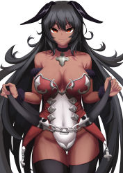 Rule 34 | 1girl, absurdres, b-pang, bare shoulders, black hair, black thighhighs, breasts, brown eyes, choker, cleavage, collarbone, dark-skinned female, dark skin, highres, illya (princess connect!), large breasts, long hair, looking at viewer, princess connect!, simple background, solo, thighhighs, very long hair, white background
