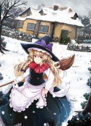 Rule 34 | 1girl, apron, black dress, blonde hair, bow, braid, broom, cloud, cloudy sky, day, dress, dutch angle, fence, forest, grass, hand on own hip, hat, hat bow, house, jianren, kirisame marisa, long hair, long sleeves, nature, outdoors, scarf, single braid, sky, snow, snowflakes, snowing, solo, touhou, tree, very long hair, waist apron, winter, yellow eyes