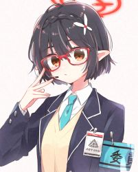 Rule 34 | 1girl, aqua necktie, armband, ayane (blue archive), black hair, blazer, blue archive, blush, braid, brown eyes, closed mouth, glasses, hair between eyes, hair ornament, halo, highres, id card, jacket, looking at viewer, matsuda hikari, necktie, parted lips, pointy ears, red-framed eyewear, school uniform, shirt, short hair, simple background, solo, sweater vest, upper body, white shirt