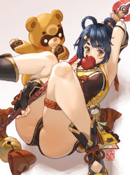 Rule 34 | 1girl, ankle boots, apple, arm up, armpits, bare legs, bell, black footwear, black gloves, black shorts, blue hair, blush, boots, braid, braided hair rings, breasts, creature, dated, elbow gloves, feet out of frame, food, fruit, genshin impact, gloves, guoba (genshin impact), hair rings, highres, holding, holding weapon, jingle bell, looking at viewer, lying, medium breasts, on back, poch4n, polearm, short hair, short shorts, shorts, sleeveless, solo, spear, tassel, thick eyebrows, thigh strap, thighs, weapon, xiangling (genshin impact), yellow eyes