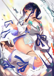 Rule 34 | 1girl, absurdres, ahoge, bare shoulders, black hair, blue eyes, blue ribbon, blush, breasts, collarbone, dress, fate/grand order, fate/requiem, fate (series), fundoshi, high heels, highres, japanese clothes, jewelry, large breasts, legs, long sleeves, looking up, magatama, magatama hair ornament, medium hair, multicolored hair, necklace, okoru ringo, open mouth, pelvic curtain, pink hair, polearm, puffy long sleeves, puffy sleeves, ribbon, seigaiha, short dress, sideboob, sideless outfit, spear, streaked hair, thighs, two-sided fabric, two-sided skirt, utsumi erice, water, water drop, weapon, white dress, white legwear