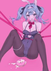 Rule 34 | 1girl, :d, animal ears, armpit crease, arms behind back, bare shoulders, black leotard, black pantyhose, black ribbon, blue eyes, blue hair, blush, bound, bound arms, bow, bowtie, breasts, clothing cutout, covered navel, crotch seam, detached collar, fake animal ears, feet out of frame, hair intakes, hair ribbon, hairband, hatsune miku, heart, heart-shaped pupils, heart cutout, highleg, highleg leotard, large breasts, leaning back, leotard, long hair, looking at viewer, open mouth, pantyhose, pink background, playboy bunny, pure pure (rabbit hole), rabbit ears, rabbit hole (vocaloid), red bow, red bowtie, ribbon, ribbon bondage, sexually suggestive, shiru005, short twintails, simple background, sitting, smile, solo, spread legs, stomach cutout, suggestive fluid, symbol-shaped pupils, teardrop facial mark, thigh strap, twintails, white hairband