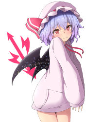 Rule 34 | 1girl, alternate costume, bat wings, blue hair, blush, contrapposto, cowboy shot, drawstring, fang, from side, hat, hat ribbon, head on own shoulder, head tilt, hood, hood down, hoodie, long sleeves, looking at viewer, mizune (winter), mob cap, pink hat, pink hoodie, red eyes, remilia scarlet, ribbon, short hair, simple background, skin fang, sleeves past wrists, slit pupils, smile, solo, sparkle, spear the gungnir, standing, touhou, white background, wings