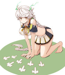Rule 34 | 10s, 1girl, all fours, antlers, bare legs, bare shoulders, barefoot, braid, breasts, cleavage cutout, clothing cutout, cloud print, colored eyelashes, enu (roco roco44), horns, jitome, kantai collection, large breasts, leaning forward, light smile, long hair, looking at viewer, midriff, miniskirt, onmyouji, shikigami, silver hair, simple background, single braid, skirt, solo, unryuu (kancolle), very long hair
