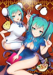 Rule 34 | 2girls, :d, aqua eyes, aqua hair, baozi, book, bowl, breasts, bun cover, china dress, chinese clothes, chopsticks, cleavage, cleavage cutout, clothing cutout, curvy, double bun, dress, eyeshadow, food, hand on own hip, hatsune miku, high heels, highres, index finger raised, lace, lace-trimmed legwear, lace trim, large breasts, legs, long hair, looking at viewer, makeup, multiple girls, nail polish, noodles, open mouth, ramen, red nails, short sleeves, side slit, sitting, smile, thighhighs, twintails, v, very long hair, vocaloid, white legwear, wide hips, yi er fan club (vocaloid), yuri (anachronic)