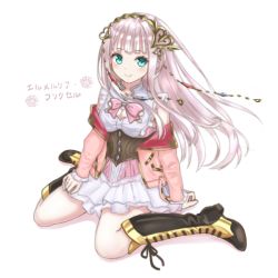 Rule 34 | 1girl, artist request, atelier (series), atelier lulua, blue eyes, boots, bow, bowtie, breasts, closed mouth, corset, elmerulia fryxell, frills, grey hair, hair ornament, heart, heart hair ornament, highres, long hair, looking at viewer, pink bow, sitting, skirt, smile, solo, wariza, white background, white skirt