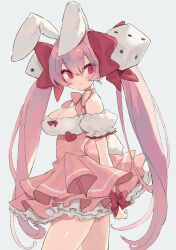 Rule 34 | 1girl, animal ears, blush, bow, breasts, choker, cleavage, closed mouth, commentary, di gi charat, dice hair ornament, dress, grey background, hair bow, hair ornament, highres, hiyo moo, large breasts, long hair, pink dress, pink hair, pink ribbon, rabbit ears, rabbit tail, red bow, red eyes, ribbon, ribbon choker, simple background, solo, tail, twintails, usada hikaru, very long hair