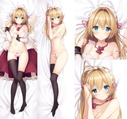 Rule 34 | 1girl, absurdres, armpit crease, bare shoulders, bed sheet, blonde hair, blue eyes, blush, bow, bowtie, bra, breasts, cleavage, commentary request, frills, gluteal fold, groin, hair between eyes, hair intakes, hair ribbon, hand on own chest, hand up, highres, large breasts, long hair, long sleeves, looking at viewer, lying, maid headdress, multiple views, navel, necomi, on back, on side, original, over-kneehighs, panties, parted lips, pink panties, pink ribbon, red neckwear, ribbon, sidelocks, single over-kneehigh, single thighhigh, stomach, strap slip, striped bow, striped bowtie, striped clothes, striped neckwear, thighhighs, topless, two side up, underwear, unworn clothes, white bra