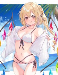 Rule 34 | 1girl, absurdres, alternate costume, bare shoulders, bikini, bikini under clothes, black ribbon, blonde hair, breasts, cleavage, collarbone, crystal, flandre scarlet, haruki (colorful macaron), highres, looking at viewer, navel, open mouth, red eyes, ribbon, short hair, side ponytail, smile, solo, swimsuit, touhou, wings