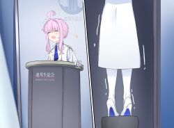 Rule 34 | 1girl, ahoge, blue archive, blue necktie, closed eyes, dress, gloves, halo, height conscious, high heels, highres, kaya (blue archive), multiple views, necktie, open mouth, pantyhose, pink hair, podium, riya (01214), standing, sweat, trembling, white dress, white gloves, white headwear, white pantyhose