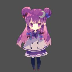 Rule 34 | 1girl, alternate costume, black legwear, blue bow, bow, brown footwear, chibi, commentary request, crescent, crescent hair ornament, double bun, full body, grey background, hair bow, hair ornament, highres, long hair, looking at viewer, nikorashi-ka, patchouli knowledge, pleated skirt, purple eyes, purple hair, purple neckwear, purple skirt, red bow, sailor collar, simple background, skirt, solo, touhou