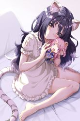 Rule 34 | absurdres, animal ear fluff, animal ears, bed sheet, black hair, blush, breasts, dress, feet, hatsune (princess connect!), highres, indoors, legs, long hair, looking at viewer, medium breasts, multiple girls, pajamas, pinafore dress, princess connect!, shiori (princess connect!), simple background, sleeveless dress, smile, solo, stuffed toy, tail, thighs, white dress, yansun, yellow eyes
