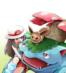 Rule 34 | 1girl, :d, ayo (ayosanri009), bag, blue shirt, brown eyes, brown hair, commentary request, creature, creatures (company), eevee, eye contact, eyelashes, fangs, game freak, gen 1 pokemon, handbag, happy, hat, leaf (pokemon), leg warmers, long hair, looking at another, miniskirt, nintendo, on head, open mouth, pokemon, pokemon (creature), pokemon frlg, pokemon masters ex, pokemon on head, porkpie hat, red eyes, red skirt, shirt, simple background, skirt, sleeveless, sleeveless shirt, smile, venusaur, white background, white hair