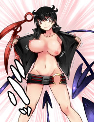 Rule 34 | 1girl, aoshima, asymmetrical wings, belt, belt skirt, black hair, bouncing breasts, breasts, brown eyes, collarbone, flashing, highres, houjuu nue, large breasts, lips, looking at viewer, navel, nipples, no bra, no panties, open clothes, open shirt, shirt, short hair, skirt, smile, solo, touhou, undressing, wings