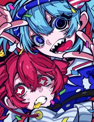 Rule 34 | 2girls, black eyes, blue dress, clenched teeth, coin, confetti, double v, dress, drill hair, hatsune miku, highres, holed coin, kasane teto, mesmerizer (vocaloid), multiple girls, open mouth, pink eyes, pink hair, poa poa05, sharp teeth, shirt, short sleeves, smile, sparkling eyes, striped clothes, striped shirt, sweat, teeth, tongue, tongue out, twin drills, utau, v, vocaloid