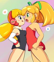 Rule 34 | 2girls, :o, :q, adapted costume, android, armpits, ass, bare arms, bare legs, bare shoulders, black dress, blonde hair, blue eyes, blunt bangs, blush, blush stickers, breast press, breasts, call (mighty no. 9), call h, capcom, couple, crossover, detached sleeves, dress, embarrassed, eye contact, face-to-face, female focus, flat chest, green eyes, green ribbon, hair ribbon, hand on own hip, headset, heart, highres, imminent kiss, legs, licking lips, long hair, looking at another, low twintails, mega man (classic), mega man (series), mighty no. 9, multicolored hair, multiple girls, neck, no bra, open mouth, panties, pantyshot, pepipopo, ponytail, profile, red dress, ribbon, roll (mega man), scarf, short dress, shy, sleeveless, sleeveless dress, small breasts, spoken heart, spoken sweatdrop, standing, strapless, strapless dress, surprised, sweatdrop, tongue, tongue out, twintails, two-tone hair, underwear, white detached sleeves, white panties, white scarf, yuri