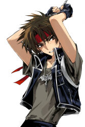 Rule 34 | 1boy, absurdres, blue vest, brown eyes, brown hair, brown shirt, clenched teeth, cropped vest, cuffs, handcuffs, headband, highres, jewelry, looking at viewer, majutsushi orphen, male focus, necklace, orphen, red headband, shirt, short hair, short sleeves, simple background, solo, teeth, torichikushou, upper body, vest, white background
