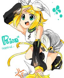 Rule 34 | angry, aqua eyes, bad id, bad pixiv id, blonde hair, character name, detached sleeves, dual persona, elbow gloves, gloves, hair ornament, hair ribbon, hairclip, headphones, jumping, kagamine rin, kagamine rin (append), pink-ball, ribbon, short hair, shorts, simple background, smile, vocaloid, vocaloid append