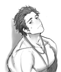 Rule 34 | 1boy, against wall, alexandros (fate), bara, facial hair, fang, fate/grand order, fate (series), greyscale, head tilt, iskandar (fate), jewelry, large pectorals, light blush, long sideburns, male focus, monochrome, muscular, muscular male, necklace, nervous, nipples, nude, pectorals, red hair, shababuru, short hair, sideburns, skin fang, solo, sweatdrop, upper body