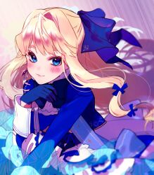 Rule 34 | 1girl, birthday, blonde hair, blue dress, blue eyes, blue gloves, blue jacket, blue ribbon, blue skirt, blunt bangs, blush, closed mouth, commentary request, dress, earrings, floating hair, glint, gloves, hair ribbon, highres, jacket, jewelry, long hair, long sleeves, looking at viewer, macross, macross frontier, neck ribbon, ribbon, sechi (stst1850), sheryl nome, sidelocks, single earring, skirt, smile, solo, thick eyebrows, very long hair