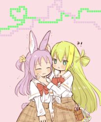 Rule 34 | !?, 2girls, alina gray, animal ears, belt pouch, blonde hair, blush, bow, bowtie, closed eyes, green hair, hair between eyes, hair ornament, hair ribbon, hand on another&#039;s chin, kemonomimi mode, layered sleeves, long hair, long sleeves, looking at another, magia record: mahou shoujo madoka magica gaiden, mahou shoujo madoka magica, medium hair, misono karin, multicolored hair, multiple girls, open mouth, orange ribbon, paint stains, parted bangs, plaid, plaid skirt, pouch, purple hair, rabbit ears, rabbit tail, rag, red bow, red bowtie, ribbon, rin tarou, sakae general school uniform, school uniform, shirt, short over long sleeves, short sleeves, side-tie shirt, sidelocks, simple background, single hair ring, skirt, star (symbol), star hair ornament, straight hair, streaked hair, tail, trembling, two side up, white shirt